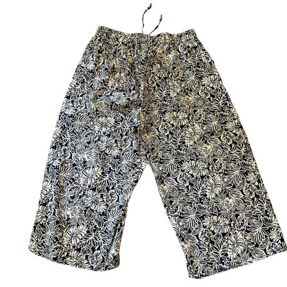 Jones New York & Co Wide Leg Crop Pants Women1X Linen Blend Pull On Navy Floral - Picture 3 of 6